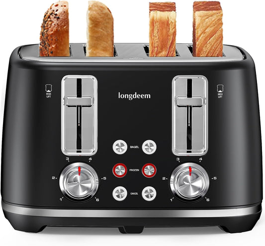 LONGDEEM 4 Slice Toaster, 1.5" Extra Wide Stainless Steel Slots, High Lift Lever, Dual Controls, Removable Crumb Tray, 6 Shade Settings, Bagel & Frozen, Black