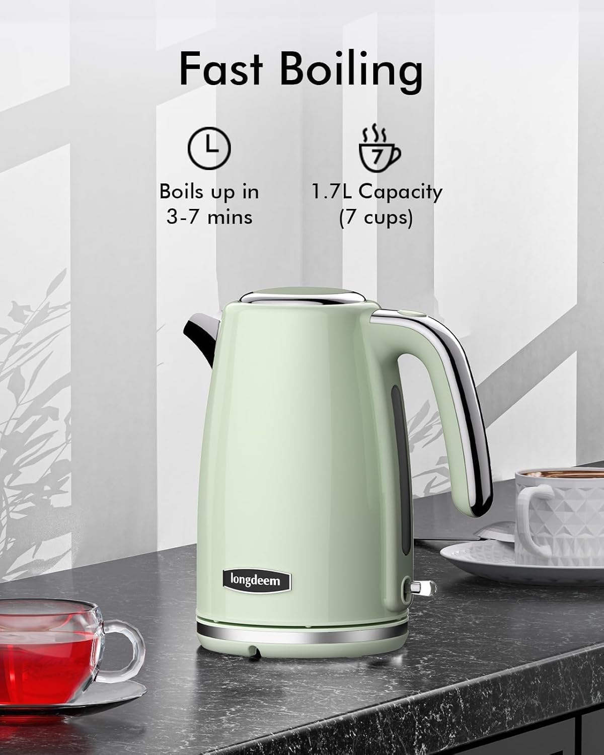 LONGDEEM Retro Green Electric Kettle - 1.7L, 1500W Fast Boil, Non-BPA, Stainless Steel Interior for Coffee and Tea, Quick Boil, Auto Shut-Off, Boil-Dry Protection, Green