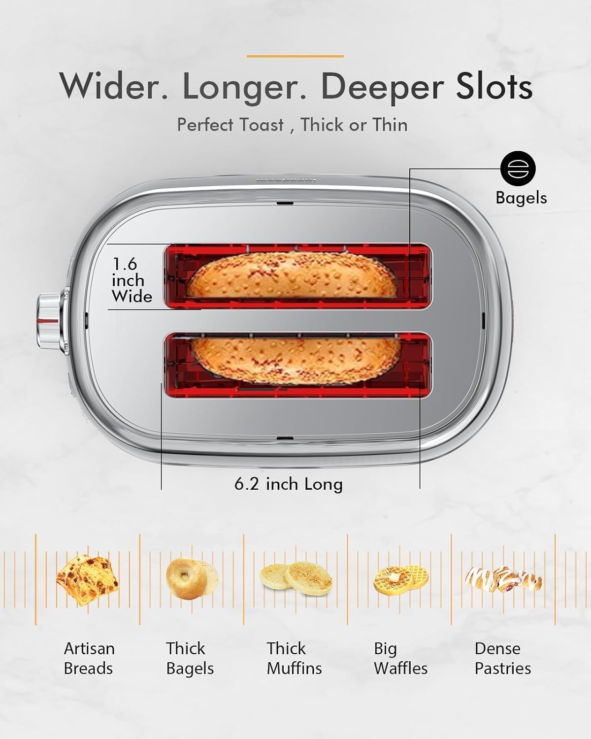 2-Slice Toaster, Wide Slots, Auto Shut-Off, 6 Shade LONGDEEM Dial. Perfect for Fruit Bread, Bagels, Waffles, Frozen Options, Easy-Clean Crumb Tray, Silver