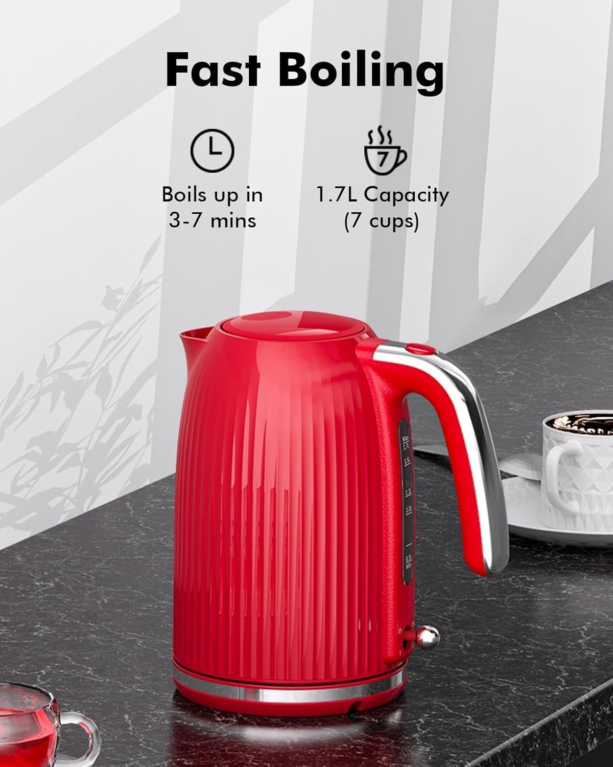 LONGDEEM 1.7L Electric Kettle-Quick Boil, 1500W, Non-BPA, Safety Auto Shut-Off, Boil-Dry Protection, Easy Clean with Wide Opening, Heat-Resistant Handle, 360°Swivel Base, Red