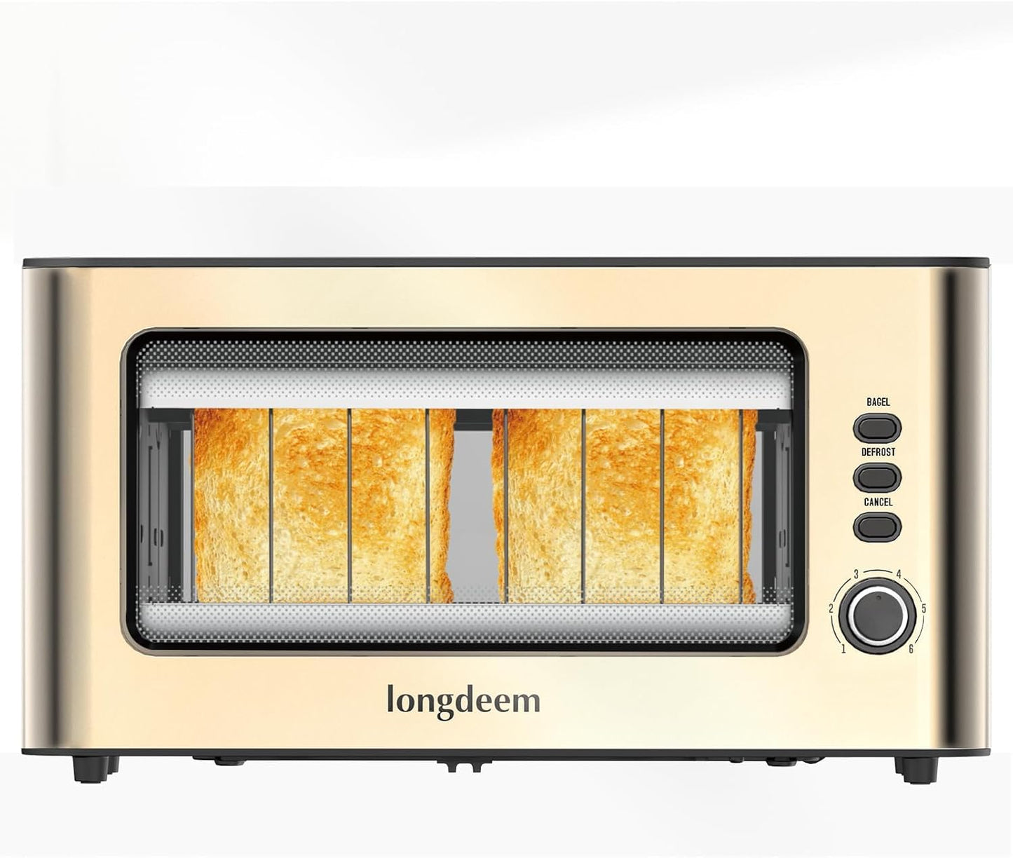 LONGDEEM Clear View Toaster, LONGDEEM 1.75'' Extra Long Slot Glass Toasters Stainless Steel 2 Slice with 6 Browning Control for Bagel, Defrost & Auto Shut Off with Removable Crumb Tray, Gold