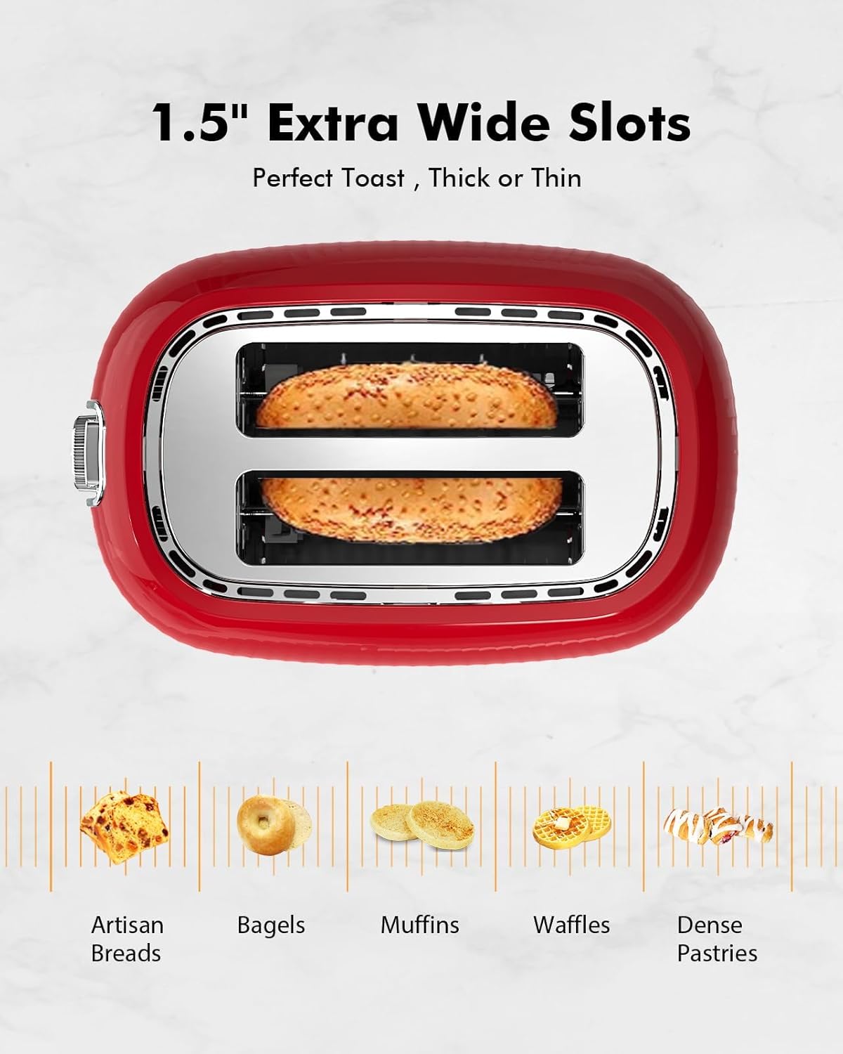 LONGDDEEM 2 Slice Toaster with Extra Wide Slots & Removable Crumb Tray - 6 Browning Options, High Lift, Auto Shut Off & Frozen Function, Toast Fruit Bread, Bagel & Waffle, Red