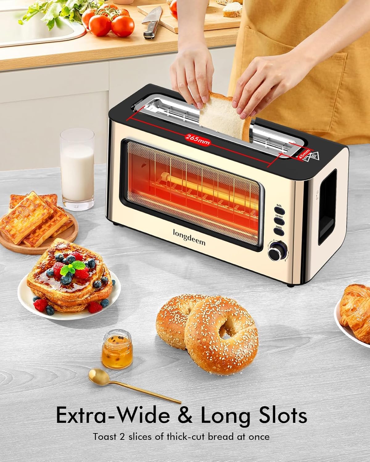 LONGDEEM Clear View Toaster, LONGDEEM 1.75'' Extra Long Slot Glass Toasters Stainless Steel 2 Slice with 6 Browning Control for Bagel, Defrost & Auto Shut Off with Removable Crumb Tray, Gold