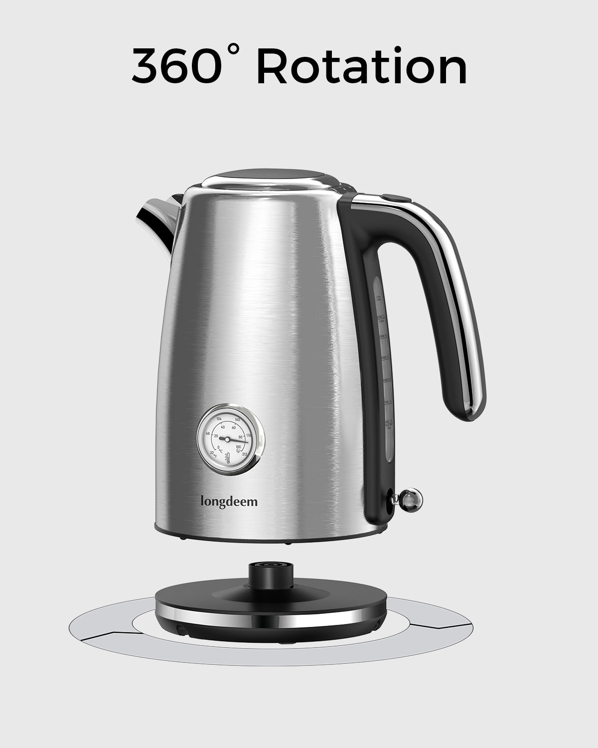 LONGDEEM Electric Kettle Quick Heating, Hot Tea Water Boiler with Thermometer 1.7L Stainless Steel Cordless LED Indicator 1500W, Silver