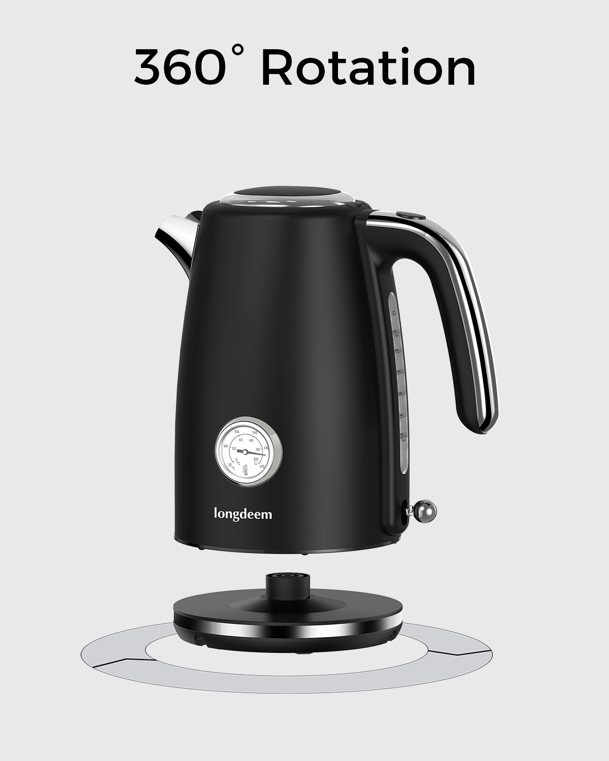 LONGDEEM Electric Kettle Quick Heating, Hot Tea Water Boiler with Thermometer 1.7L Stainless Steel Cordless LED Indicator 1500W, Black